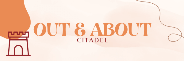 A stylized banner with the title 'Out & About' in large, elegant orange typography, with the word 'Citadel' in smaller, red text below it. On the left side of the banner is a simple red castle tower icon, representing a citadel. The background features soft, flowing shapes in light beige and orange tones, with a thin winding line on the right side, adding a decorative touch